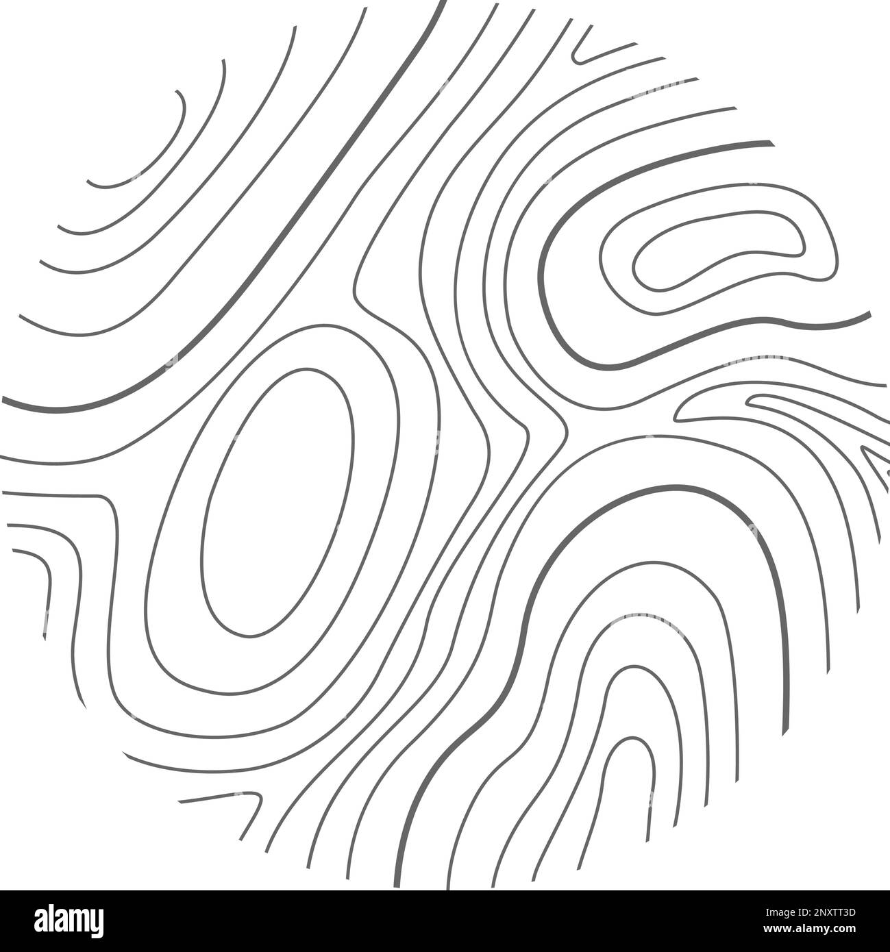 Runde Form mit topografischer oder hölzerner Textur. Handgezeichnete Geländekontur. Flächenstempel mit geografischem Kartenrelief isoliert auf weißem Hintergrund. Darstellung der Vektorkontur Stock Vektor