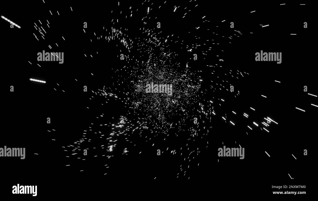 Durch Zeit und Raum fliegen. Design. Endloser kosmischer Hintergrund mit weißen Sternen und schwarzem Universum Stockfoto