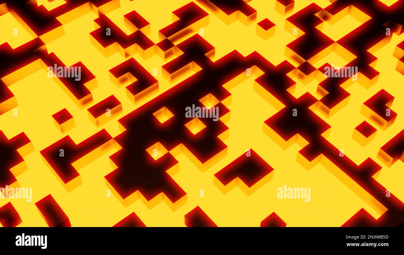 Retro-Tetris mit leuchtenden Quadraten. Design. Hintergrund mit kleinen dunklen Quadraten, die sich im elektronischen gelben Feld bewegen Stockfoto