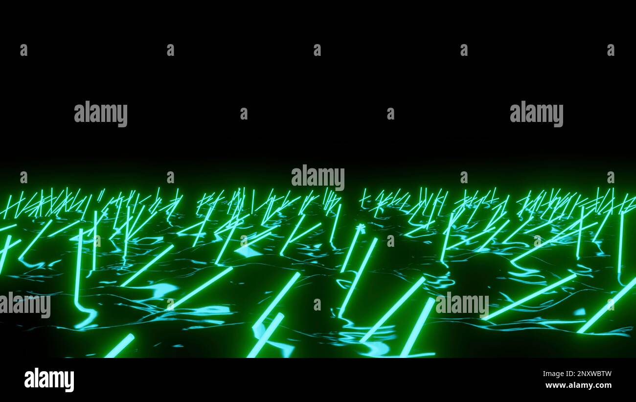 Abstraktes Neon klebt im Dunkeln auf einer welligen Oberfläche. Design. Schwimmende 3D Reihen in einem schwarzen abstrakten endlosen See Stockfoto