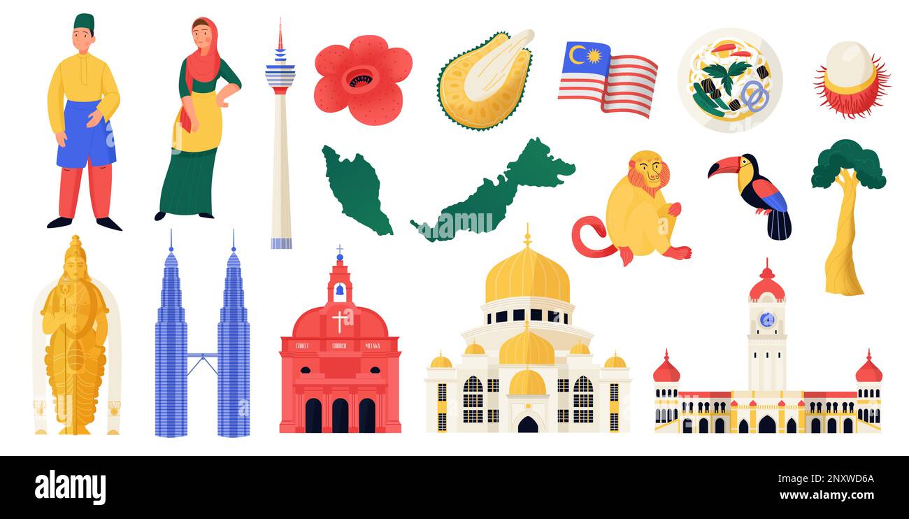 Malaysische Reisesymbole mit Touristenattraktionen und Kultursymbolen isolierte Vektorbilder Stock Vektor