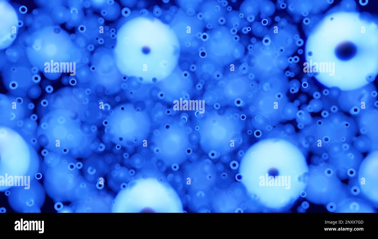 Abstrakte bewegliche Mikroorganismen oder Bakterien auf blauem Hintergrund. Design. Konzept von Chemie und Biologie Stockfoto