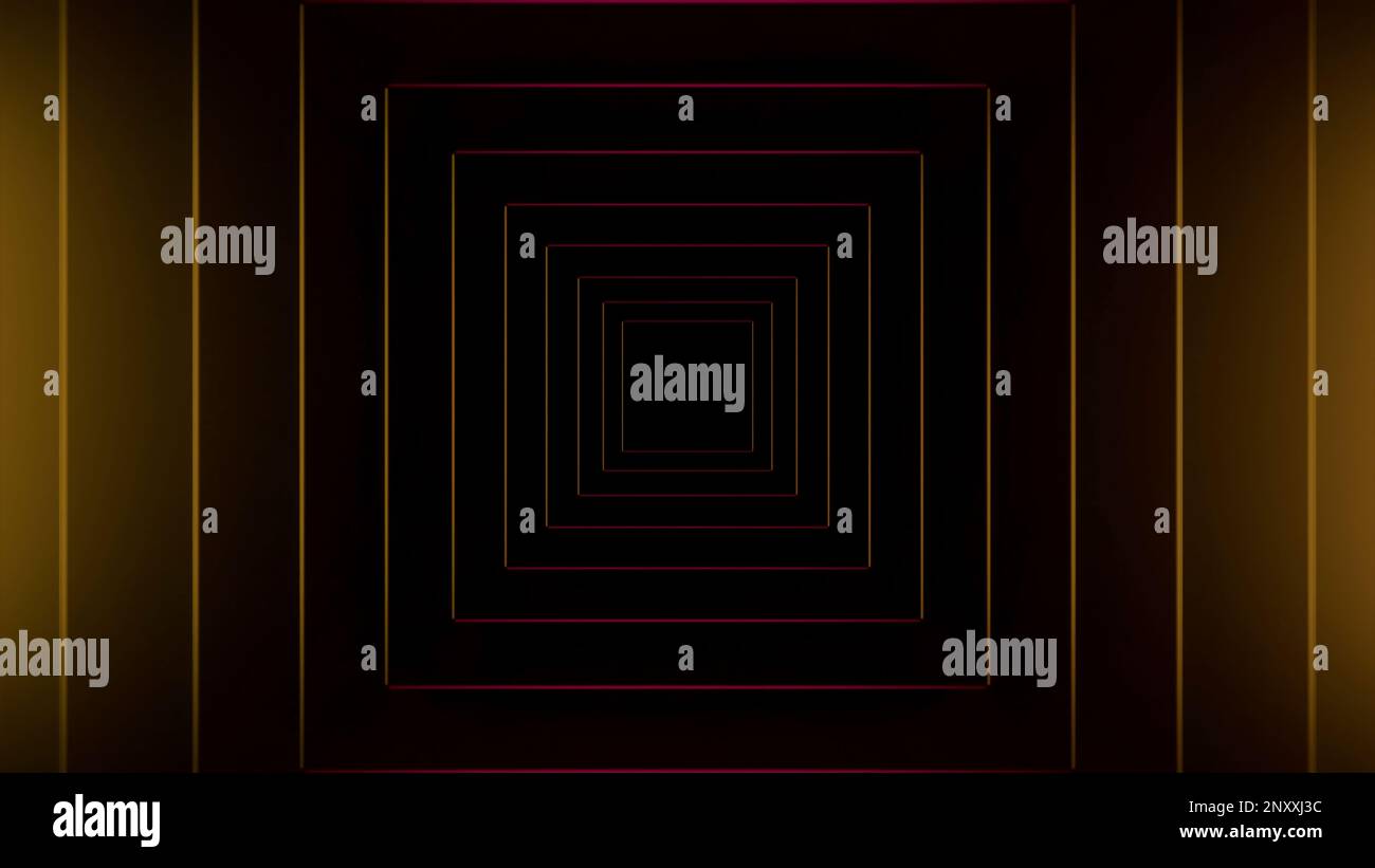 Farbenfrohes abstraktes Muster von Quadraten unter dem Einfluss der Verlagerung. Design. Pyramidenförmiger Tunnel mit Lichterbewegung Stockfoto