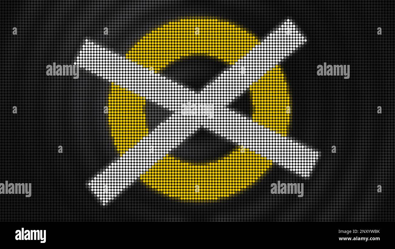 Bewegungssimulation mit Kreis und Kreuz. Bewegung. LED-Punkte mit animierten Kreis- und Kreuz-Symbolen. Animation mit Kreis- und Kreuzsymbol auf pulsierendem Hintergrund o Stockfoto