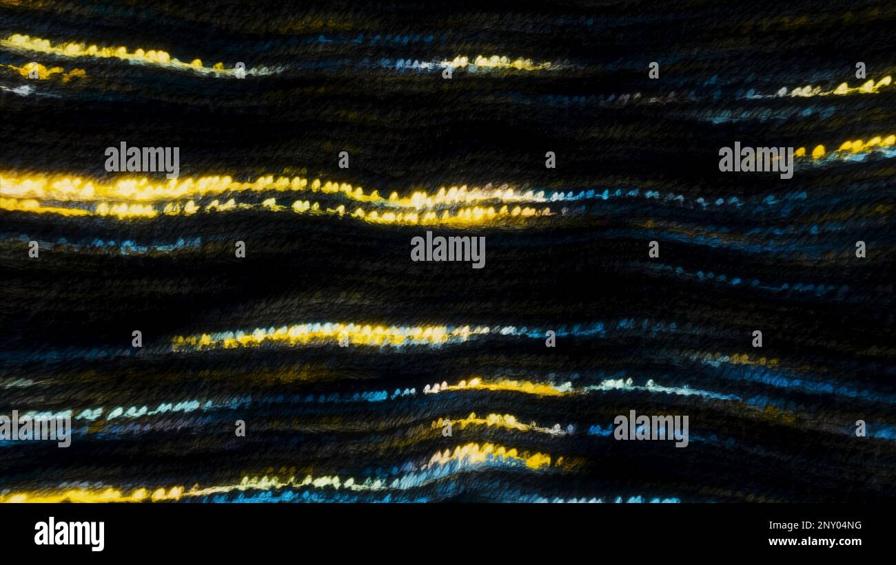 Bunte Linien bewegen sich mit Glitch-Effekt. Bewegung. Computerhintergrund mit bunten Wellenlinien im Strom und Rauschen. Zeilen im Informationsfluss werden mit verschoben Stockfoto