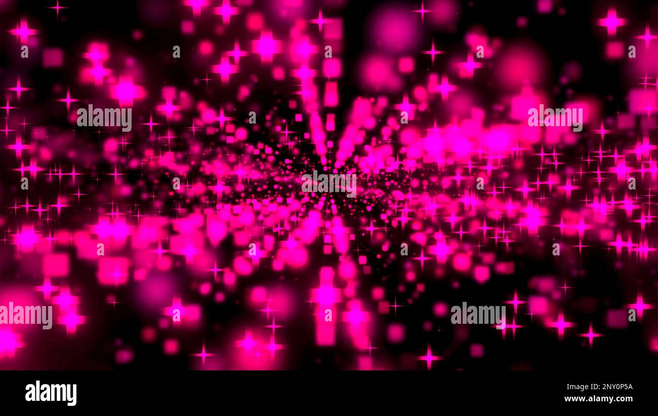 Schwarzer Hintergrund. Design. Helle Animation mit lila und rosa Teilchen, die in verschiedene Richtungen fliegen. Hochwertiger 4K-Fuß-Tragetasche Stockfoto