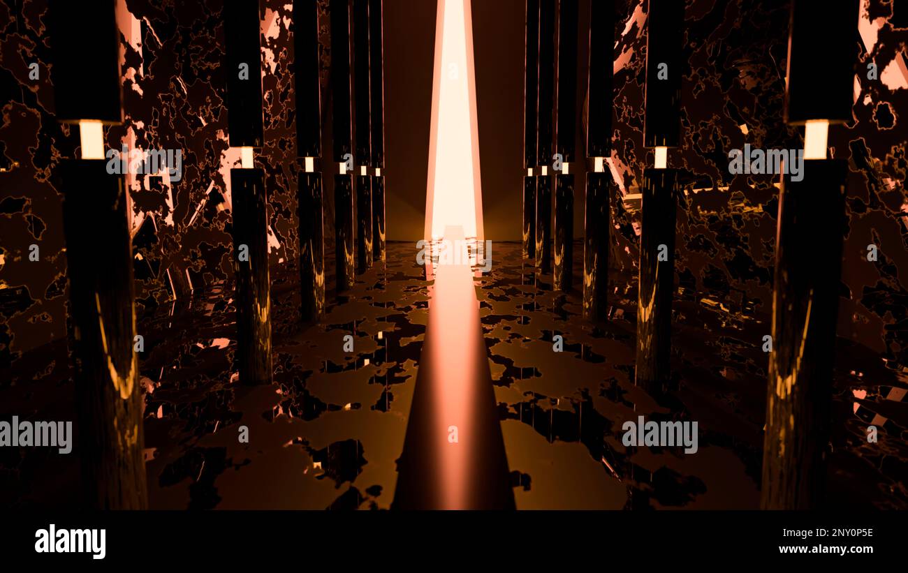 Grüner und orangefarbener Hintergrund. Design. Heller Hintergrund mit einem langen Korridor, der sich in Animation rückwärts bewegt und mit verschiedenen Lampen leuchtet. Hoch Stockfoto