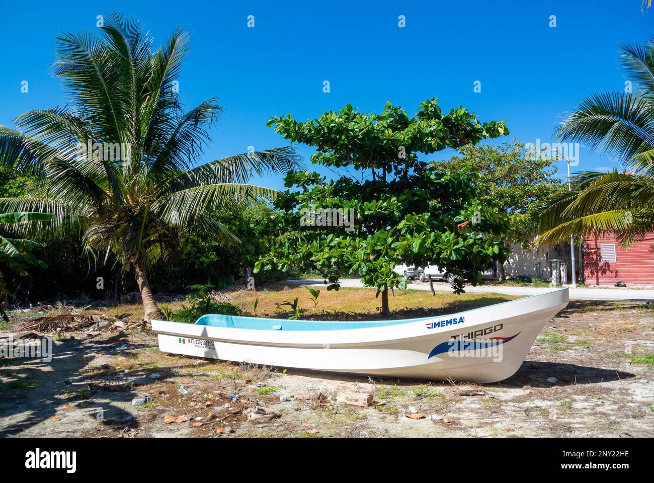 Mahahual, Quintana Roo, Mexiko, Ein Fischerboot mit Palmen Stockfoto