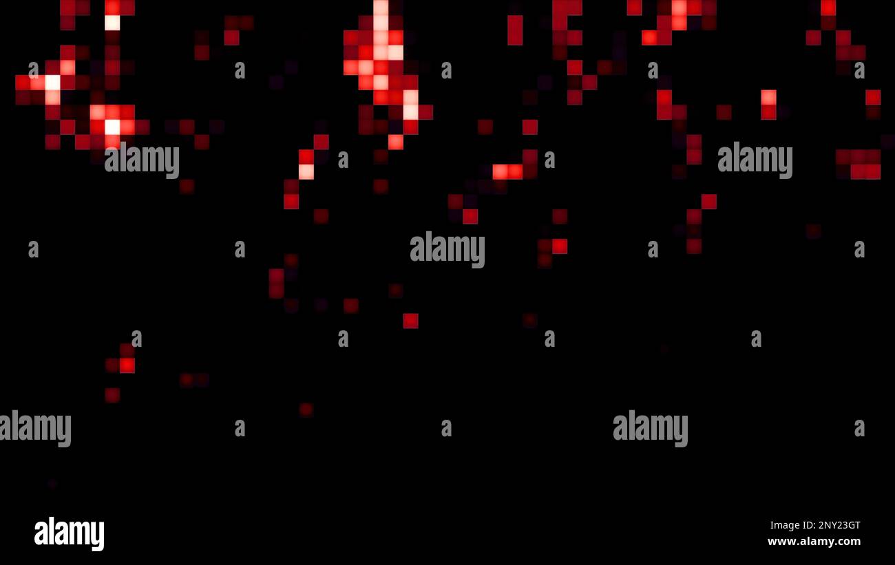 Grauer und roter Hintergrund. Bewegung. Helle Quadrate in Pixeln auf schwarzem Hintergrund, die sich im 3D-Format in verschiedene Richtungen bewegen. Hochwertige 4K-Aufnahmen Stockfoto