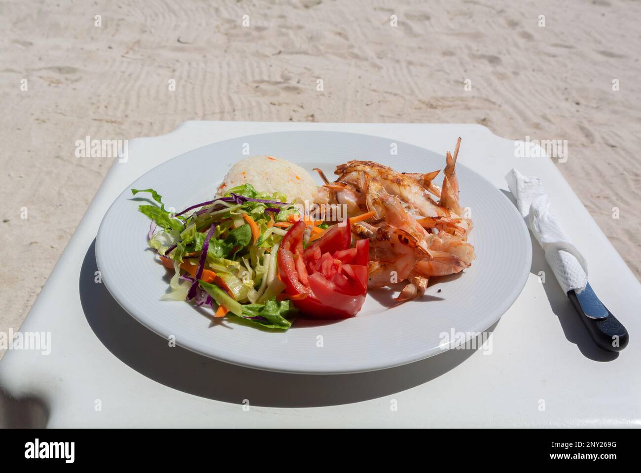 Mahahual, Quintana Roo, Mexiko, Ein weißer Teller mit gegrillten Garnelen in einem Restaurant des Beach Clubs Stockfoto