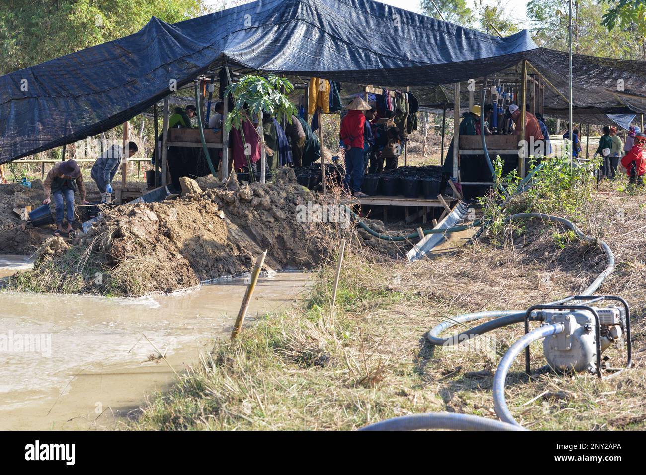 Personal der Defense POW/MIA Accounting Agency (DPAA) und die laotische Bevölkerung arbeiten zusammen, um während einer Bergungsmission in der Demokratischen Volksrepublik Laos am 21. Januar 2023 in einer Vorsorgestation den Boden zu durchsuchen. An jeder Rettungsmission können bis zu 65 US-Mitarbeiter und Kollegen aus Laos beteiligt sein. Beide Länder arbeiten bei Untersuchungen und Ausschachtungen im ganzen Land zwischen 30 und 45 Tagen pro Mission zusammen. Zurückgewonnene Überreste, die vermutlich von Amerikanern stammen, werden zur weiteren Analyse und Identifizierung durch forensische Anthropologen in das Labor der DPAA in Hawaii transferiert. Seit 1985 t Stockfoto