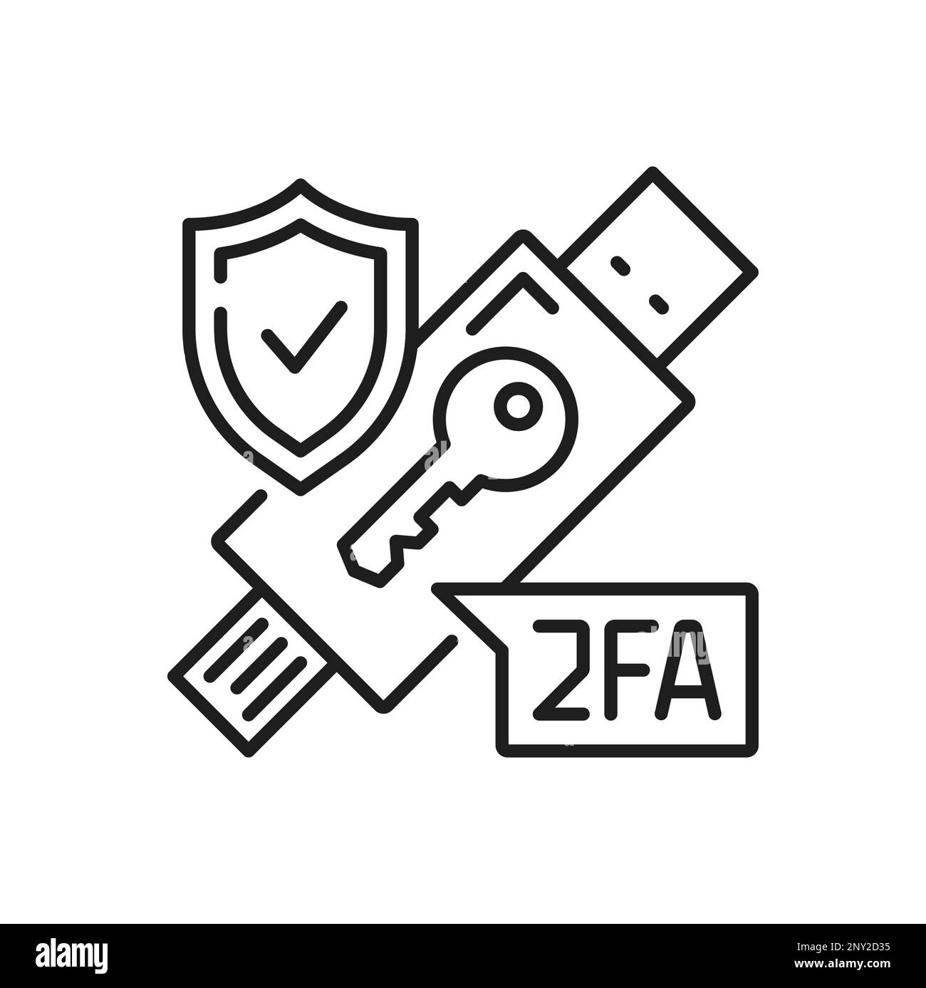 2FA zwei-Faktor-Authentifizierung, USB-Zugriffsschlüssel-Token-Vektorsymbol für 2-stufige Verifizierung. 2FA-Authentifizierungssymbol für Schlüsseltoken und Shield für Benutzeridentifizierung, sicheren Zugriff und Identitätsüberprüfung Stock Vektor