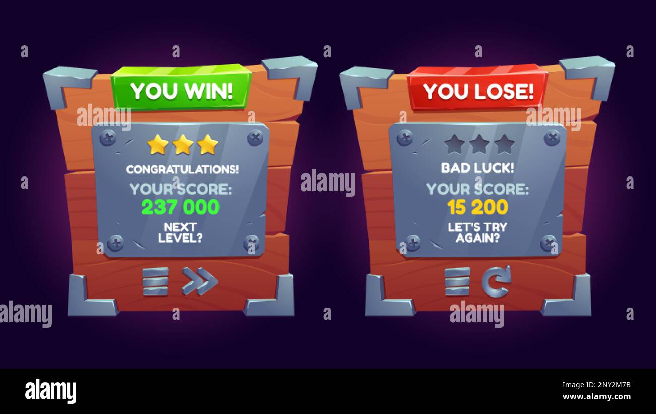 Gewinnen und Verlieren des ui-Spielbildschirms, Holz-Gewinnertafel mit Punkten und Stahlknöpfen. Zeichentrickfilm für Popup-Menü-Vorlage der mobilen App für Level Progress und CO Stock Vektor