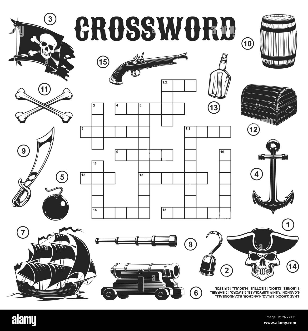 Piraten- und corsair-Kreuzwortrtsel-Raster, um das Wort- und  Vektorquiz-Spiel zu finden. Kreuzwortrtsel-Gitter-Arbeitsblatt, um Wrter  wie Piratenflagge, Schdel mit Kapitn-Hut, Anker und Kanone,  Freibeuter-Schwert und Spionaglas zu erraten Stock ...