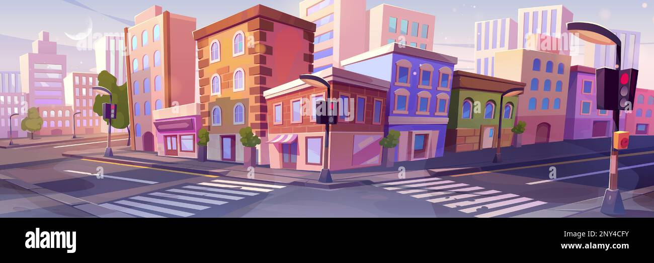 Straßenecke mit Gebäuden und Ampeln. Vektorzeichentrickfilm von leeren Kreuzungen, urbanen alten und modernen Häusern, Geschäften, Restaurants, grünen Bäumen auf dem Bürgersteig. Stadtviertel Stock Vektor