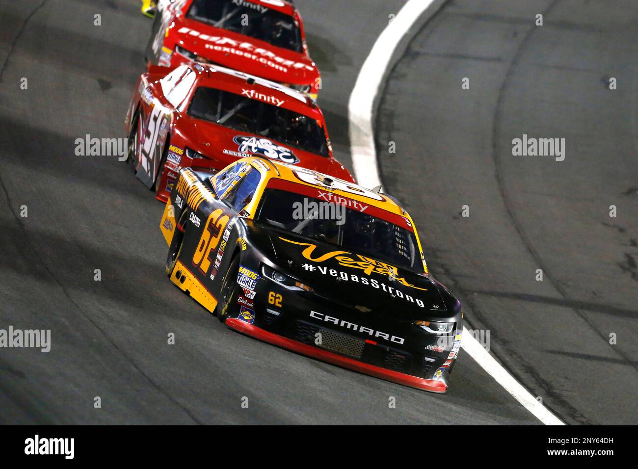 Brendan Gaughan (62) and Jeremy Clements (51) during the NASCAR Xfinity Series Drive for the Cure 300 race at Charlotte Motor Speedway, Saturday, October, 7, 2017, in Concord, N.C. (Russell LaBounty/NKP via AP) MANDATORY CREDIT Stockfoto