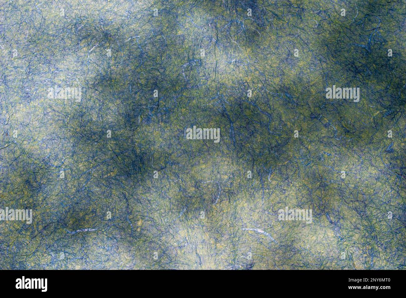 Gesprenkeltes Licht auf blauem, grünem, handgefertigtem Faserpapier. Stockfoto