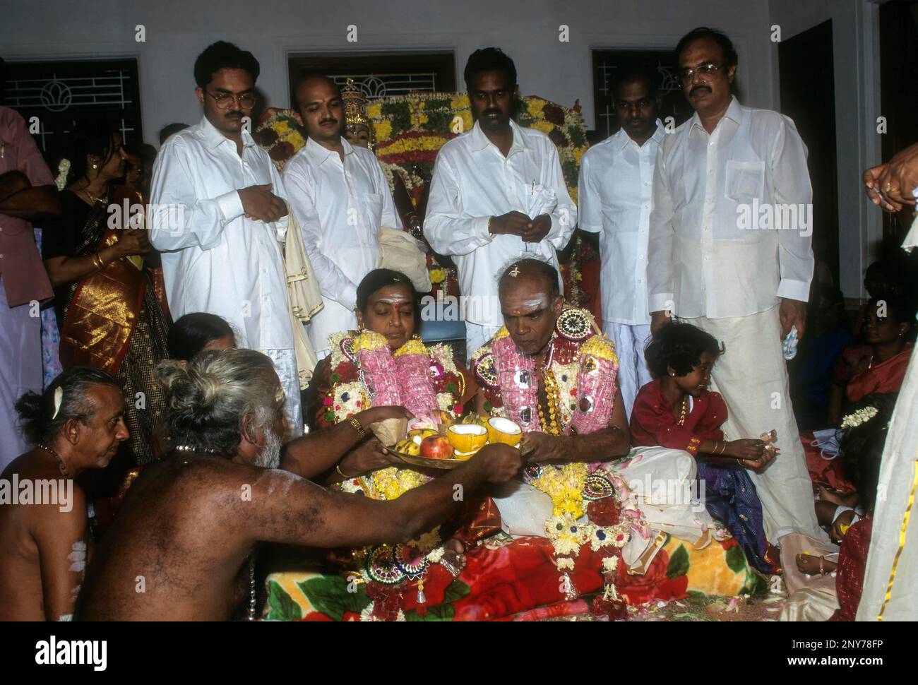 60. Jahre Ehe, Sashti poorthi von Nattukottai Chettiar, Nagarathar Community, Chettinad, Tamil Nadu, Indien Stockfoto