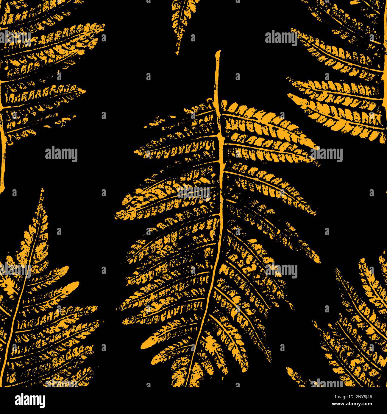 Botanischer abstrakter Hintergrund mit Farnblättern. Blatt-Tinte wird gedruckt. Botanisches Poster. Nahtloses Muster. Schwarzer Hintergrund Stock Vektor