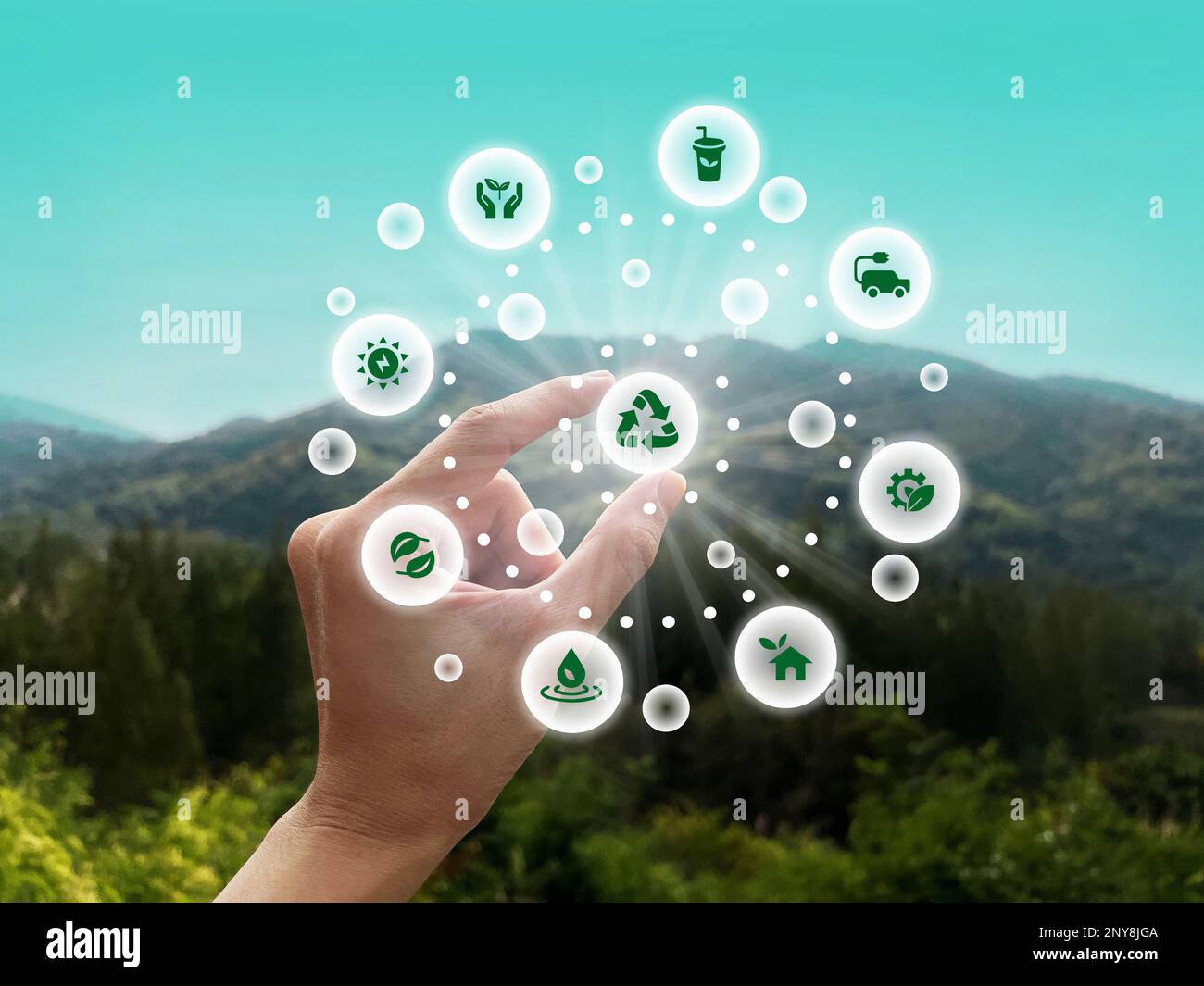 Nachhaltige Entwicklungsziele: Förderung sauberer Energie und erneuerbarer umweltfreundlicher Unternehmen. Nachhaltigkeit bei erneuerbaren Energien und wachsendem ökologischem Wachstum. Stockfoto