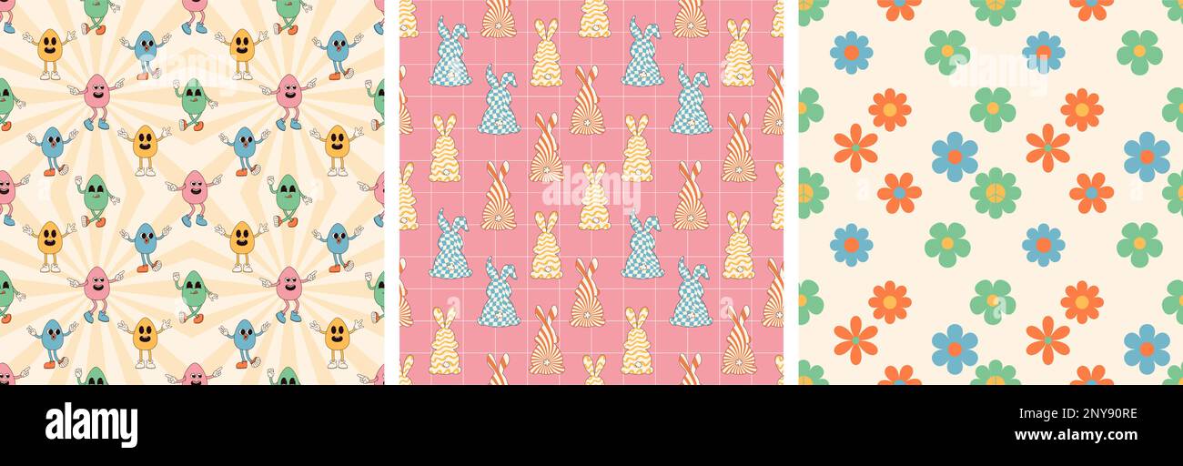 Groovy Hippie Happy Easter Nahtloses Musterset. Osterhintergründe im trendigen Retro-60s 70s-Cartoon-Stil Stock Vektor