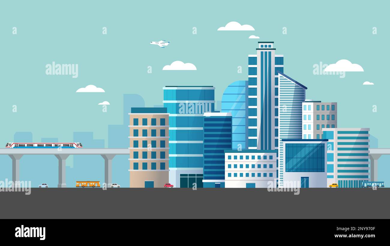 Modernes Stadtpanorama mit Skytrain. Große Stadtlandschaft mit Autos auf der Straße Flachvektor-Illustration. Stadtbild mit Gebäuden Stock Vektor