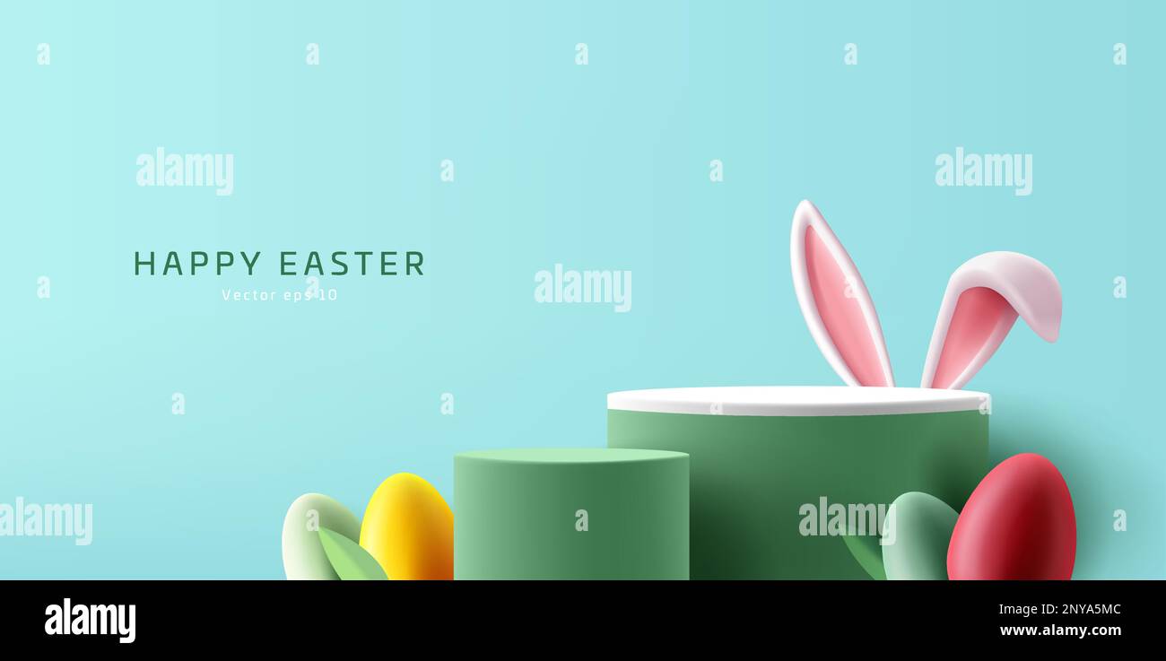 Osterpodest im Frühling, grüner Zylindersockel mit bunten Eiern und Hasenohren, Hintergrund für die Produktplatzierung im Frühling Stock Vektor