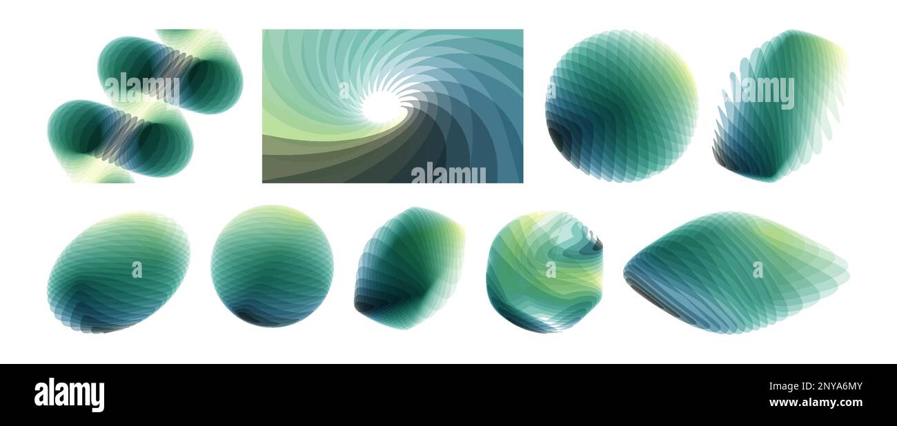 Set aus Kugelform, oval, spiralförmig und anderen Formen. Abstrakter wellenförmiger Hintergrund mit dynamischem Effekt. Dreh- und Drehbewegung. Abbildung aus Variou Stock Vektor