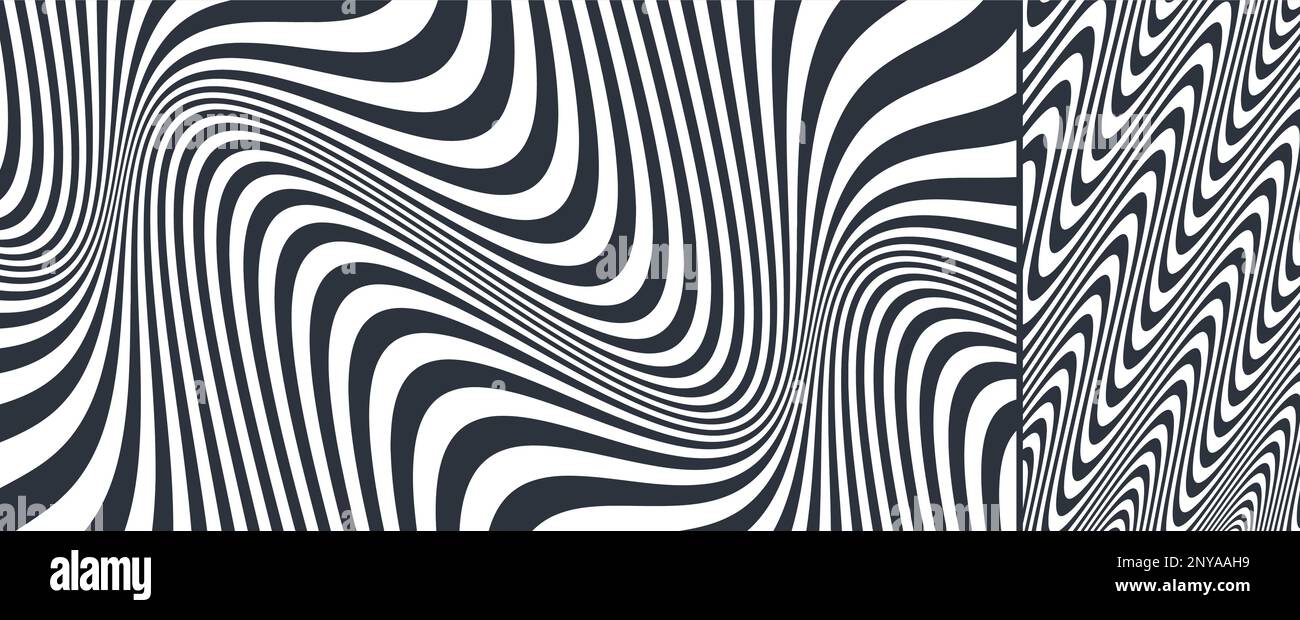 Wellenmuster mit optischer Täuschung. Schwarz-Weiß-Design. Abstrakter gestreifter Hintergrund. 3D-Vektordarstellung. Stock Vektor