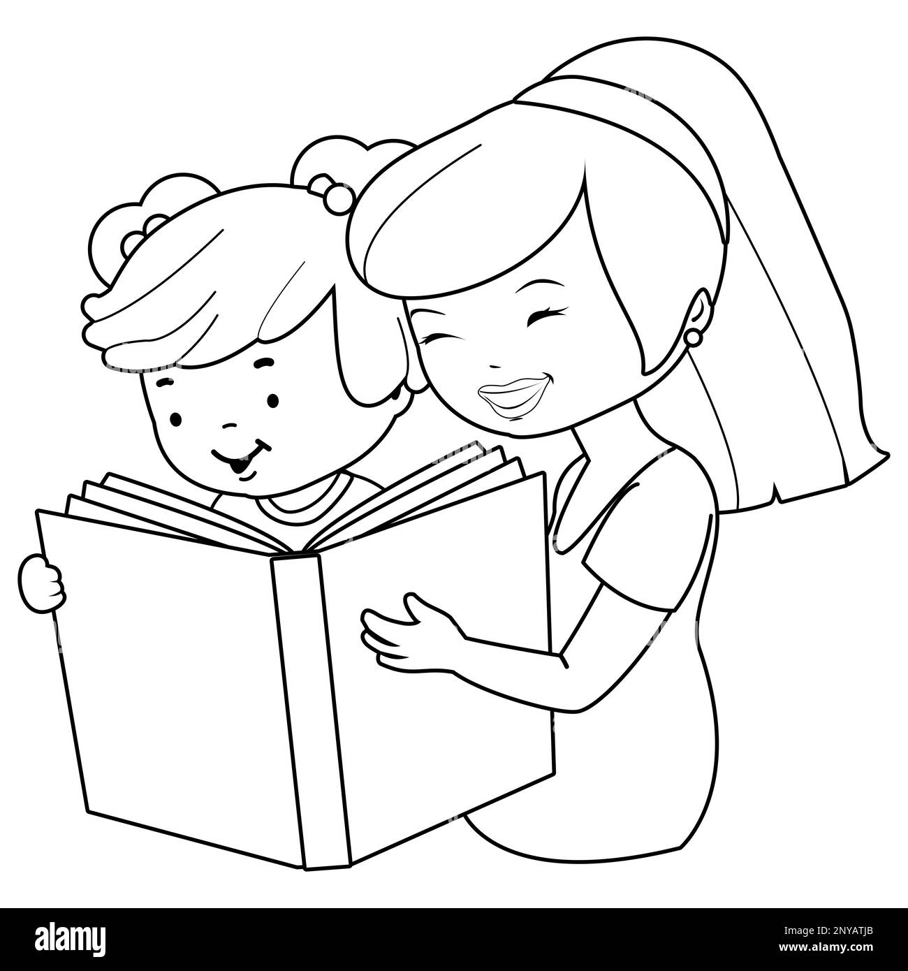 Mutter und Kind lesen ein Buch. Schwarzweiß-Farbseite Stockfoto