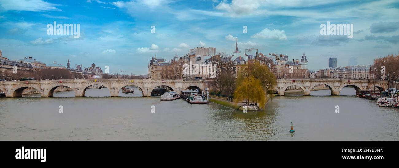 Paris, die Pont-Neuf an der seine, mit dem Platz Vert-Galant auf der ile de la Cite Stockfoto