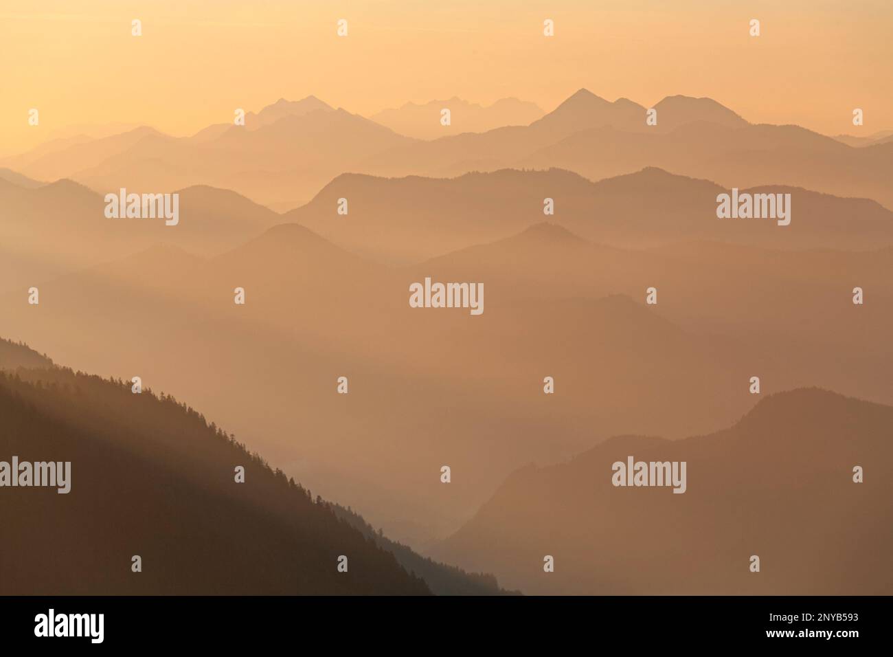 Blick von Jochberg auf Bayerische Alpen, Alpen, Deutschland, Europa Stockfoto