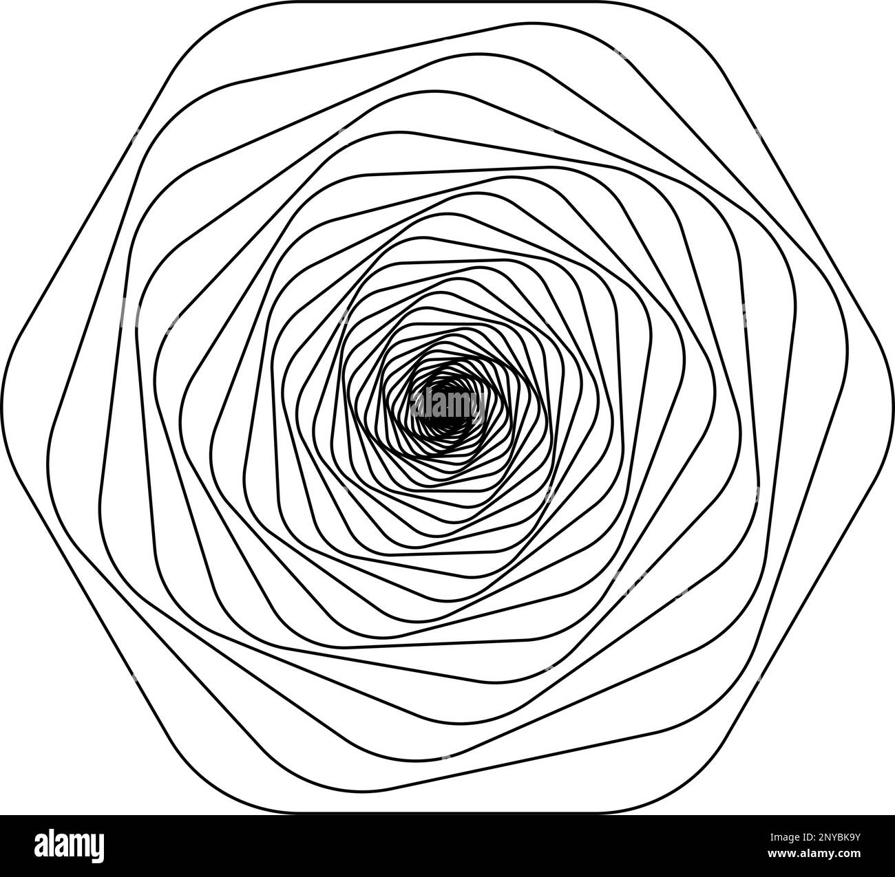 Wabenform oder Sechskant-Rotation in spiralgedrehter Form. Spirographenvorlage. Dynamische optische Täuschung. Geometrisches Element auf weißem Hintergrund isoliert Stock Vektor