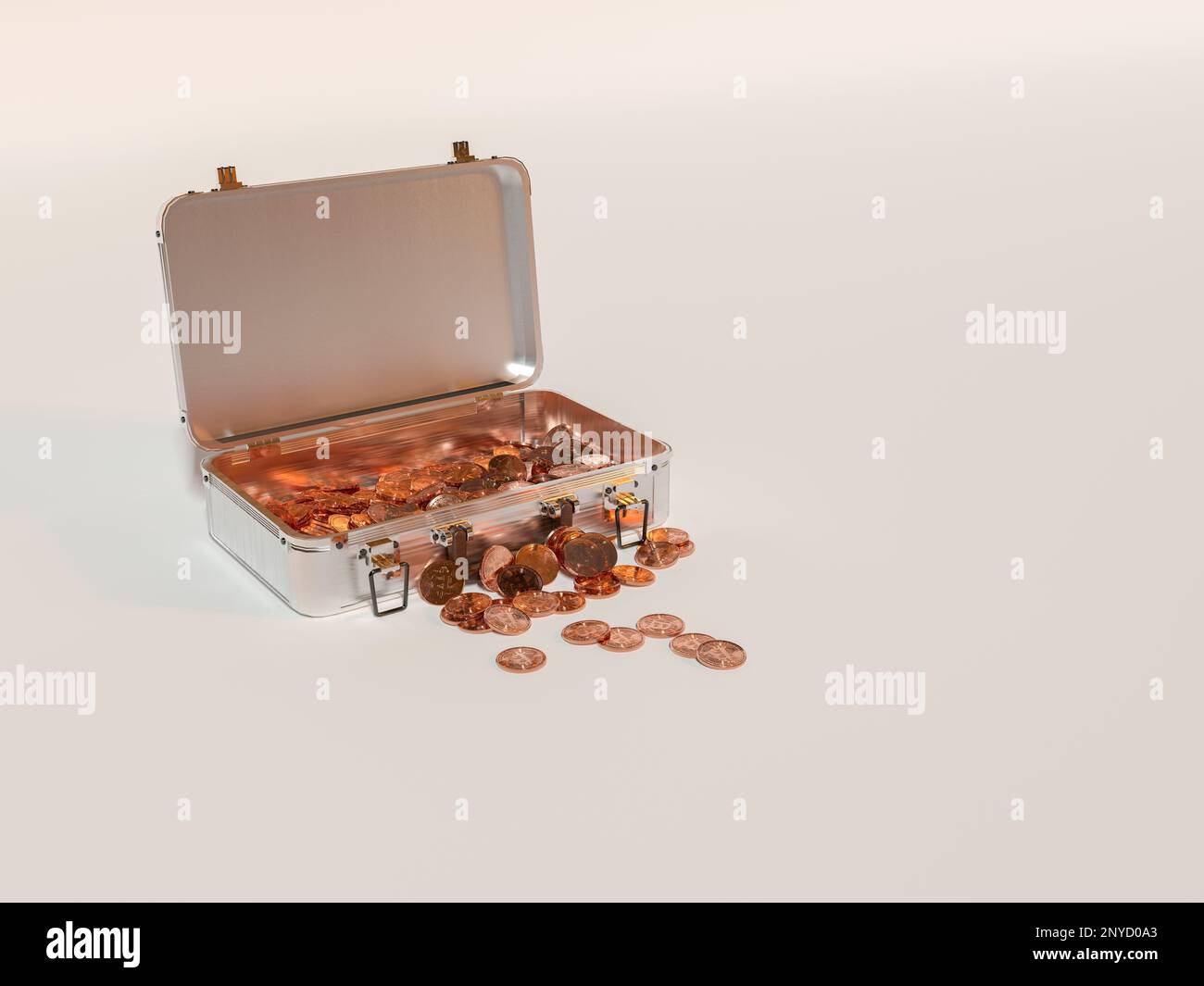 3D Rendern – Aluminiumgehäuse mit Bitcoin-Münzen auf weißem Hintergrund. Stockfoto