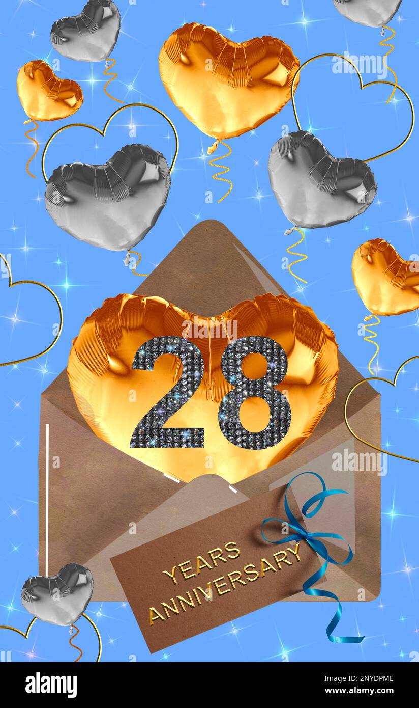 3D Illustration, 28 Jahre. goldene Zahlen auf festlichem Hintergrund