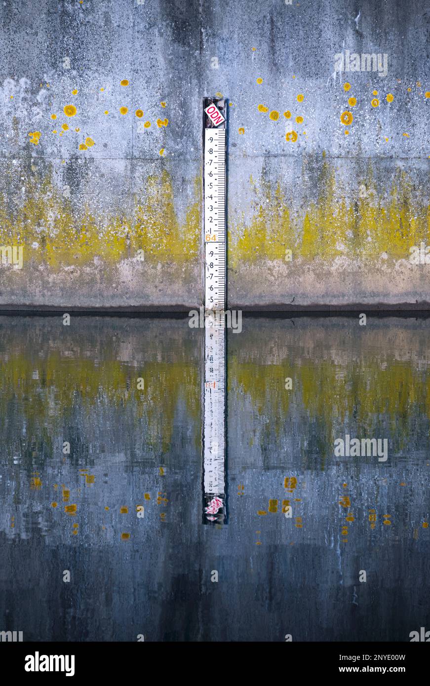 Das Wasserstandshalter und seine Reflexion auf Wasser Stockfoto