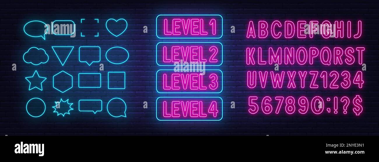 Neonschild der Ebene 1,2,3,4 auf Backsteinwänden. Vorlage. Neonrosa Alphabet- und blaue Sprechblasenrahmen Stock Vektor