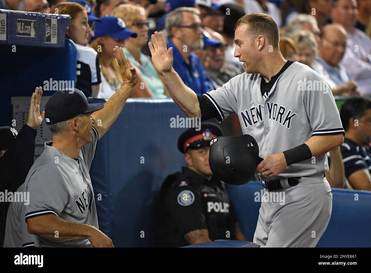 TORONTO, ON - AUGUST 09: New York Yankees Third base Todd Frazier (29) celebrates a run with Manager Joe Girardi (28) during the regular season MLB game between the New York Yankees and Toronto Blue Jays on August 9, 2017 at Rogers Centre in Toronto, ON. (Photo by Gerry Angus/Icon Sportswire) (Icon Sportswire via AP Images) Stockfoto