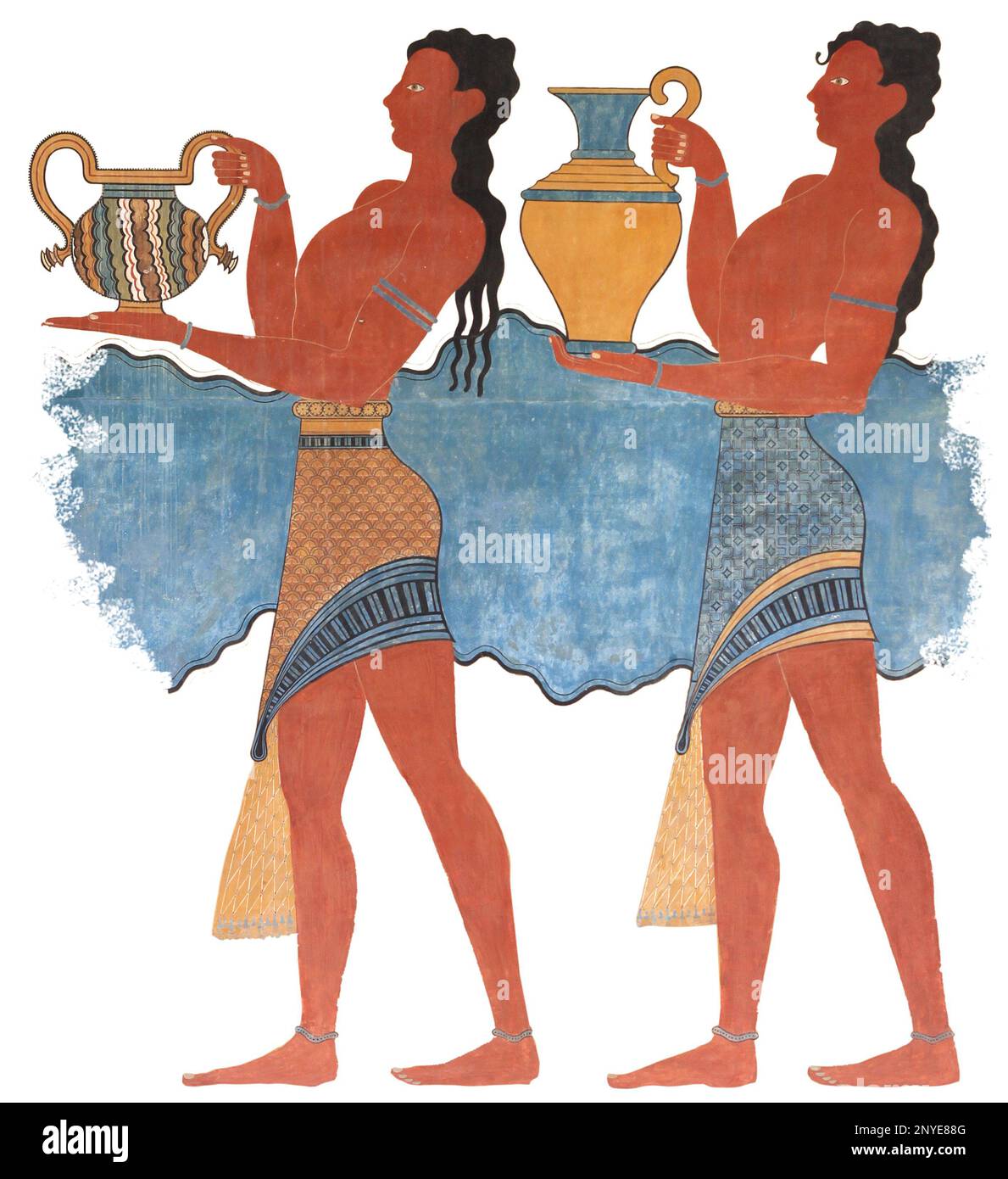 Minoische Figuren Wandmalerei Fresco Knossos antikes Kreta Griechenland, isoliert Stockfoto