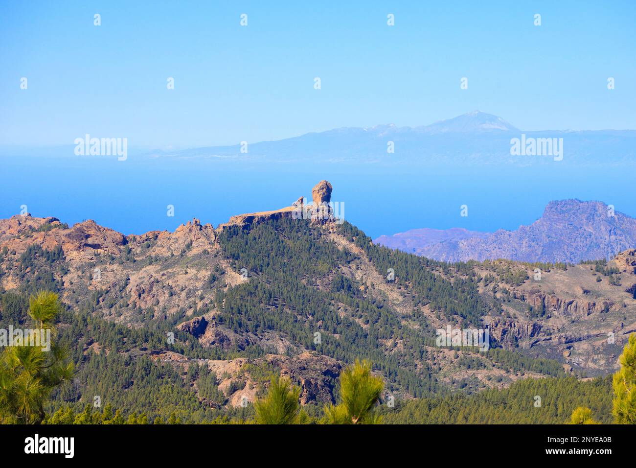 Blick auf den Berg 'Roque Nublo' vom Berg 'Pico Las Nieves' Gran Canaria - Spanien Stockfoto