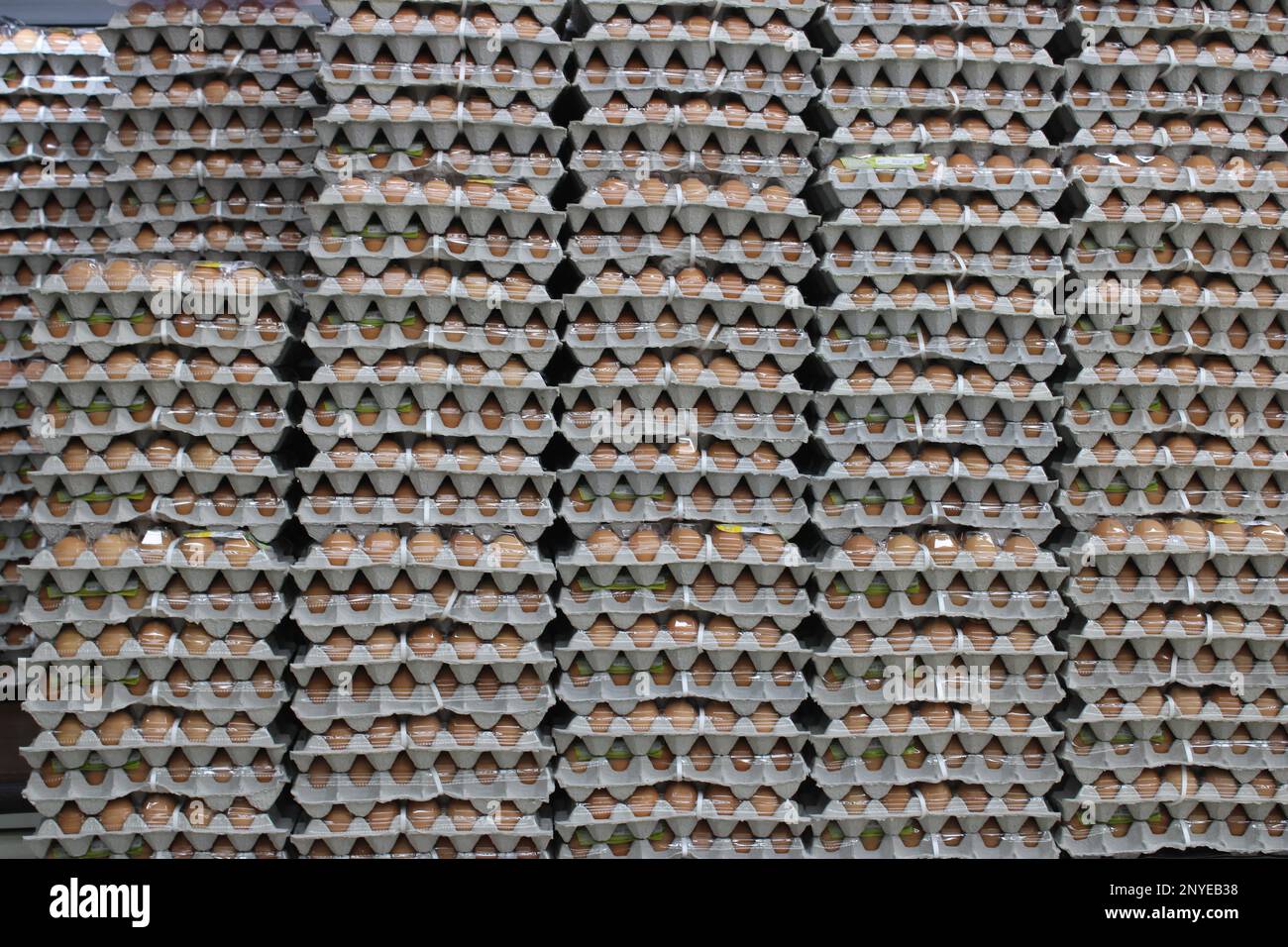 Karton mit braunen Eiern im Supermarkt Stockfoto