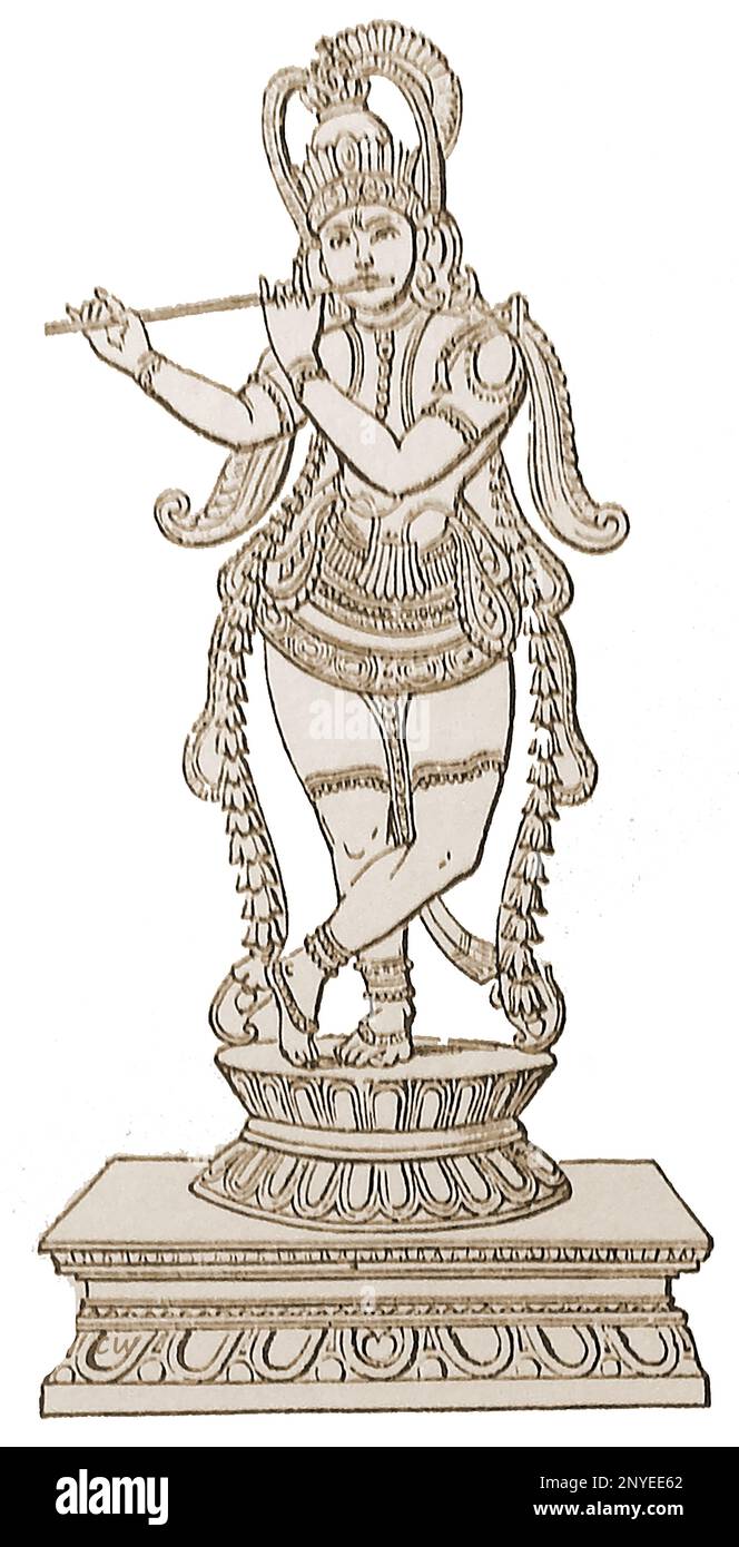 Eine Illustration der hinduistischen Gottheit aus dem 19. Jahrhundert, Krishna der höchste indische gott, auch bekannt als कृष्ण, kṛṣṇa. Er gilt als Gott von Yogeshvara – Schutz, Mitgefühl, Zärtlichkeit, Und Liebe sowie der Herr von Yoga oder Yogis zu sein - 19 वीं शताब्दी में हिंदू देवता, कृष्ण का एक उदाहरण सर्वोच्च भारतीय देवता, - 19 ویں صدی میں ہندو دیوتا کرشنا کی ایک مثال، جو ہندوستان کے سب سے بڑے دیوتا تھے، Stockfoto