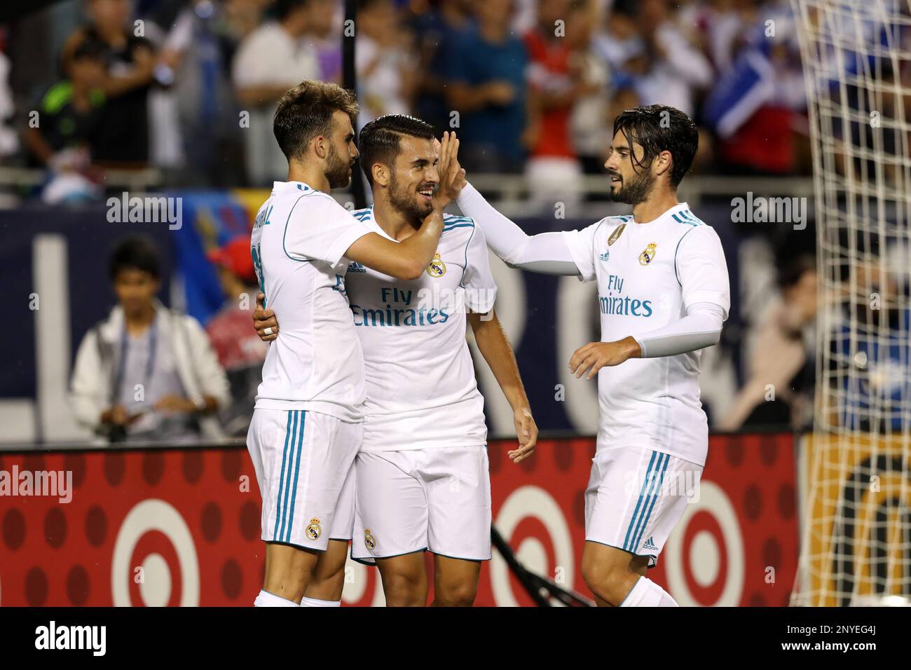 CHICAGO, IL - AUGUST 02: Real Madrid's Borja Mayoral (left) celebrates his goal with Marco Asensio (center) and Isco (right). The Major League Soccer All-Stars played Real Madrid on August 2, 2017, at Soldier Field in Chicago, IL in the 2017 MLS All-Star Game. (Photo by Andy Mead/YCJ/Icon Sportswire) (Icon Sportswire via AP Images) Stockfoto