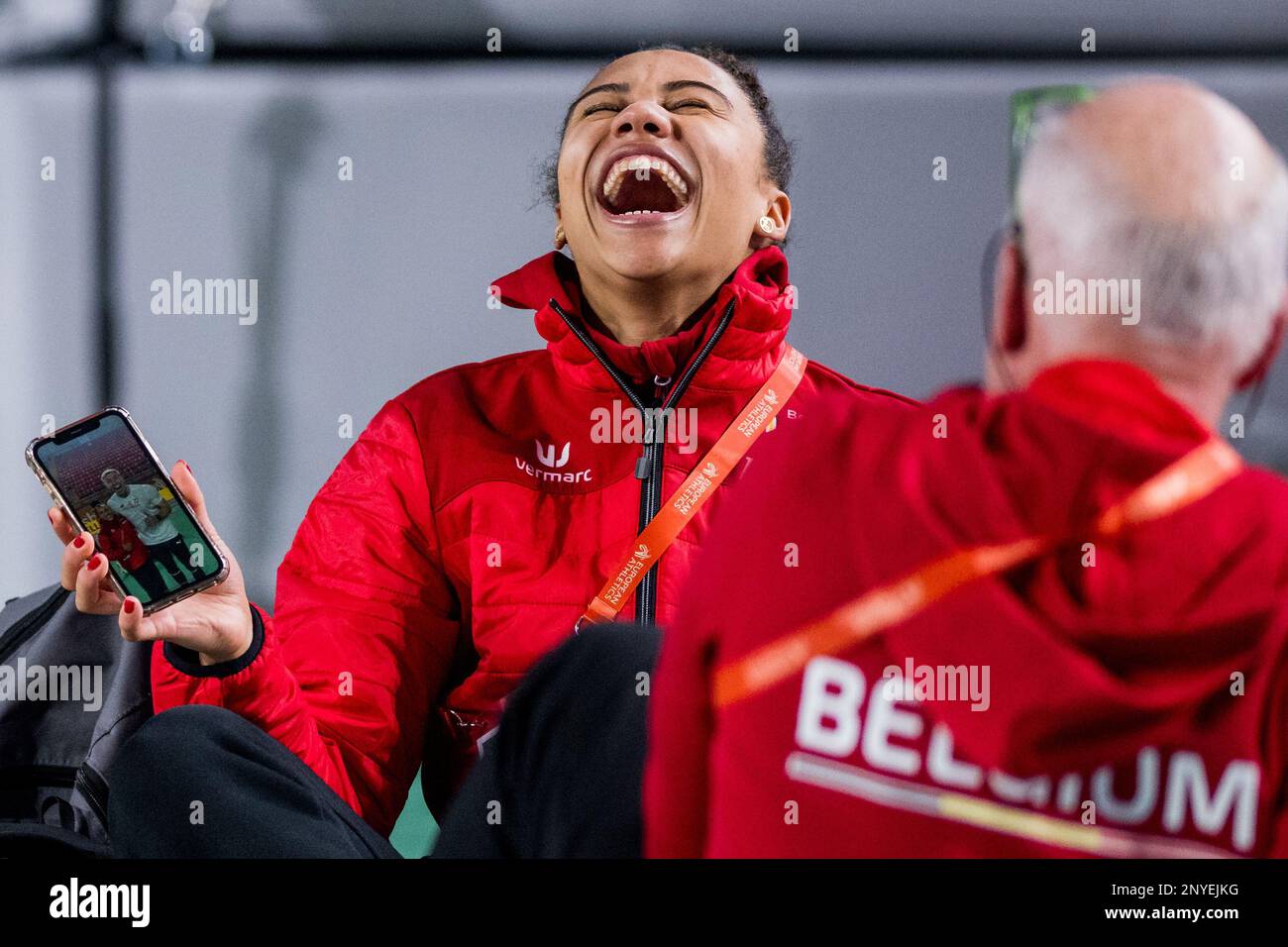 Die belgische Delphine Nkansa wird bei den Vorbereitungen für die europäische Leichtathletik-Hallenmeisterschaft 37. am Donnerstag, den 02. März 2023 in Istanbul, Türkei, gesehen. Die Meisterschaften finden vom 2. Bis 5. März statt. BELGA FOTO JASPER JACOBS Stockfoto