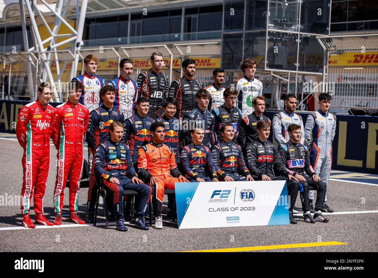 Klassenbild von F2 Fahrern während der 1. Runde der FIA-Formel-2-Meisterschaft 2023 vom 2. Bis 5. März 2023 auf der Bahrain International Circuit in Sakhir, Bahrain – Photo Xavi Bonilla/DPPI Stockfoto