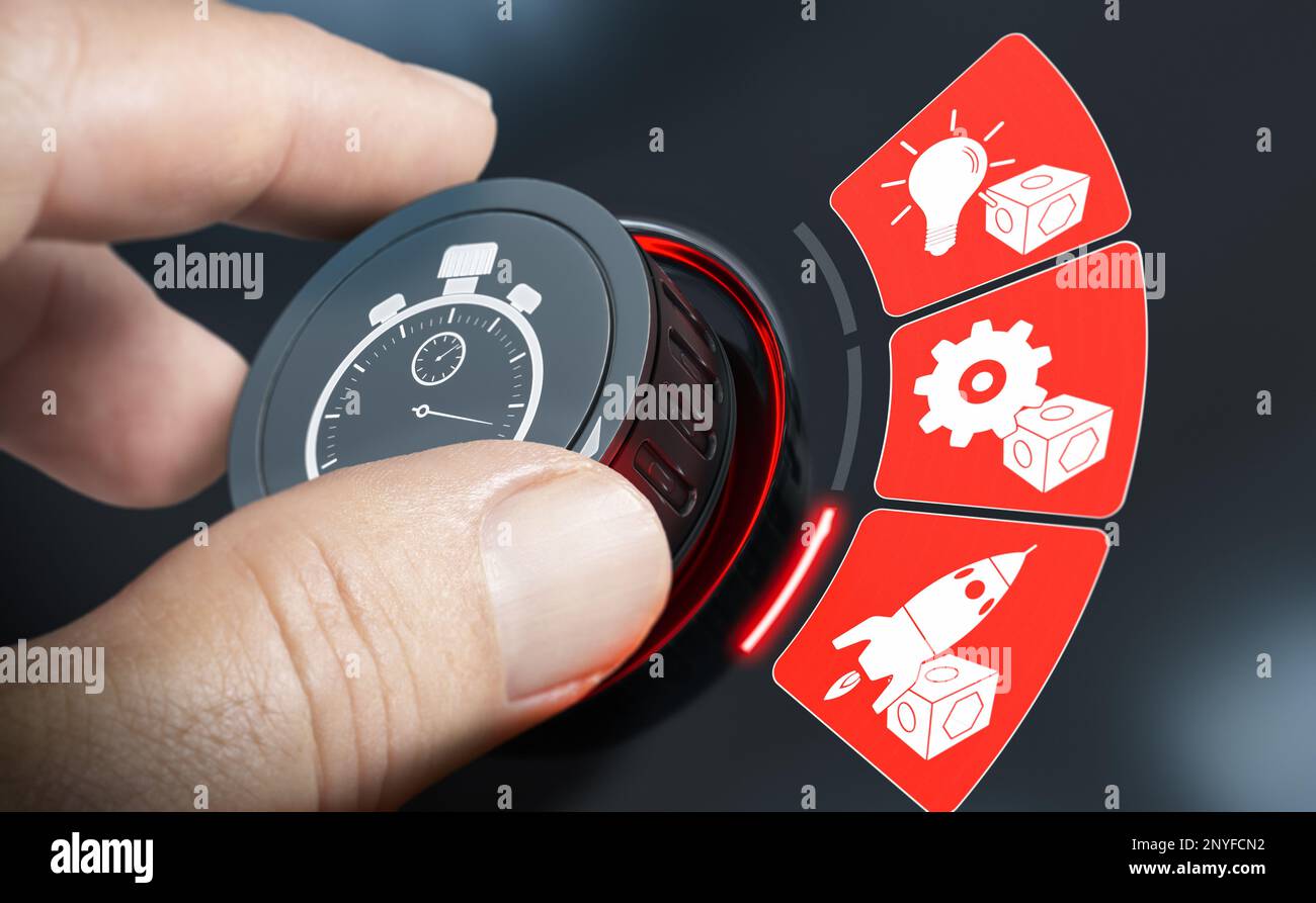 Handdrehung eines Knopfs mit Stoppuhr, um die Markteinführungszeit (Time to Market, TTM) eines Produkts oder einer Dienstleistung zu verwalten. Project Management-Konzept. Stockfoto