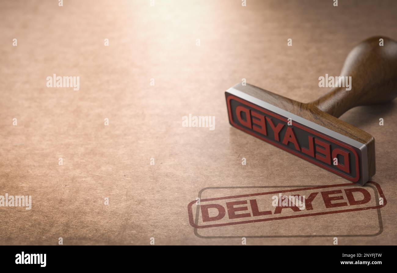 Gummistempel auf Kartonhintergrund mit eingeprägtem Wort „verzögert“. 3D Abbildung Stockfoto