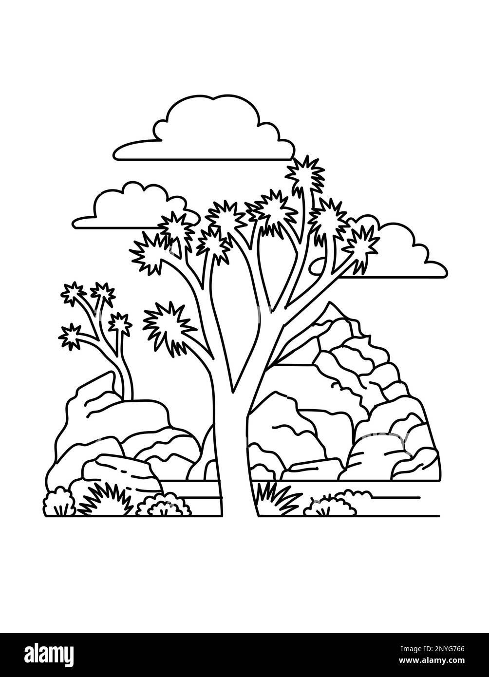 Mono-Linien-Darstellung des Joshua Tree National Park im Südosten Kaliforniens in Schwarz-Weiß-Monolinlinien im Kunststil. Stockfoto