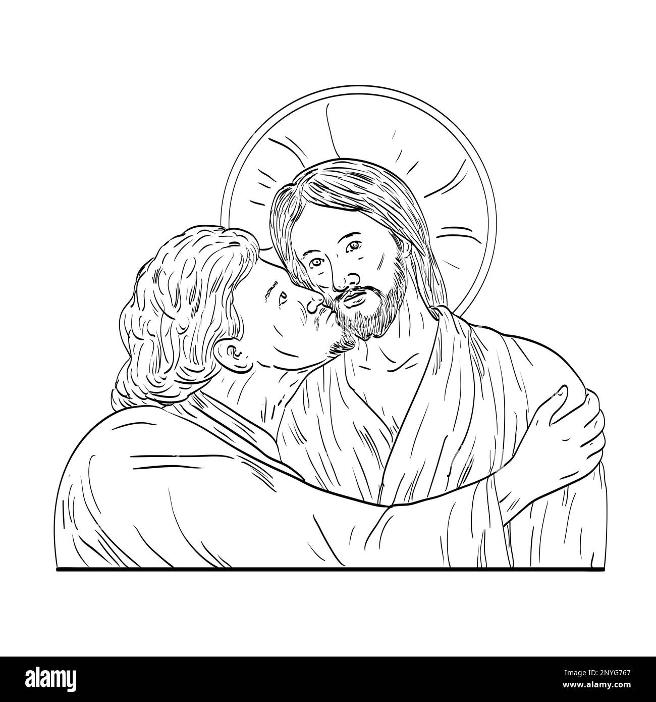Strichkunst-Zeichnung von Judas Verrat an Jesus, indem er ihn auf die Wange küsst, im mittelalterlichen Stil auf isoliertem Hintergrund. Stockfoto Strichkunst-Zeichnung von Judas Verrat an Jesus, indem er ihn auf die Wange küsst, im mittelalterlichen Stil auf isoliertem Hintergrund. Stockfoto