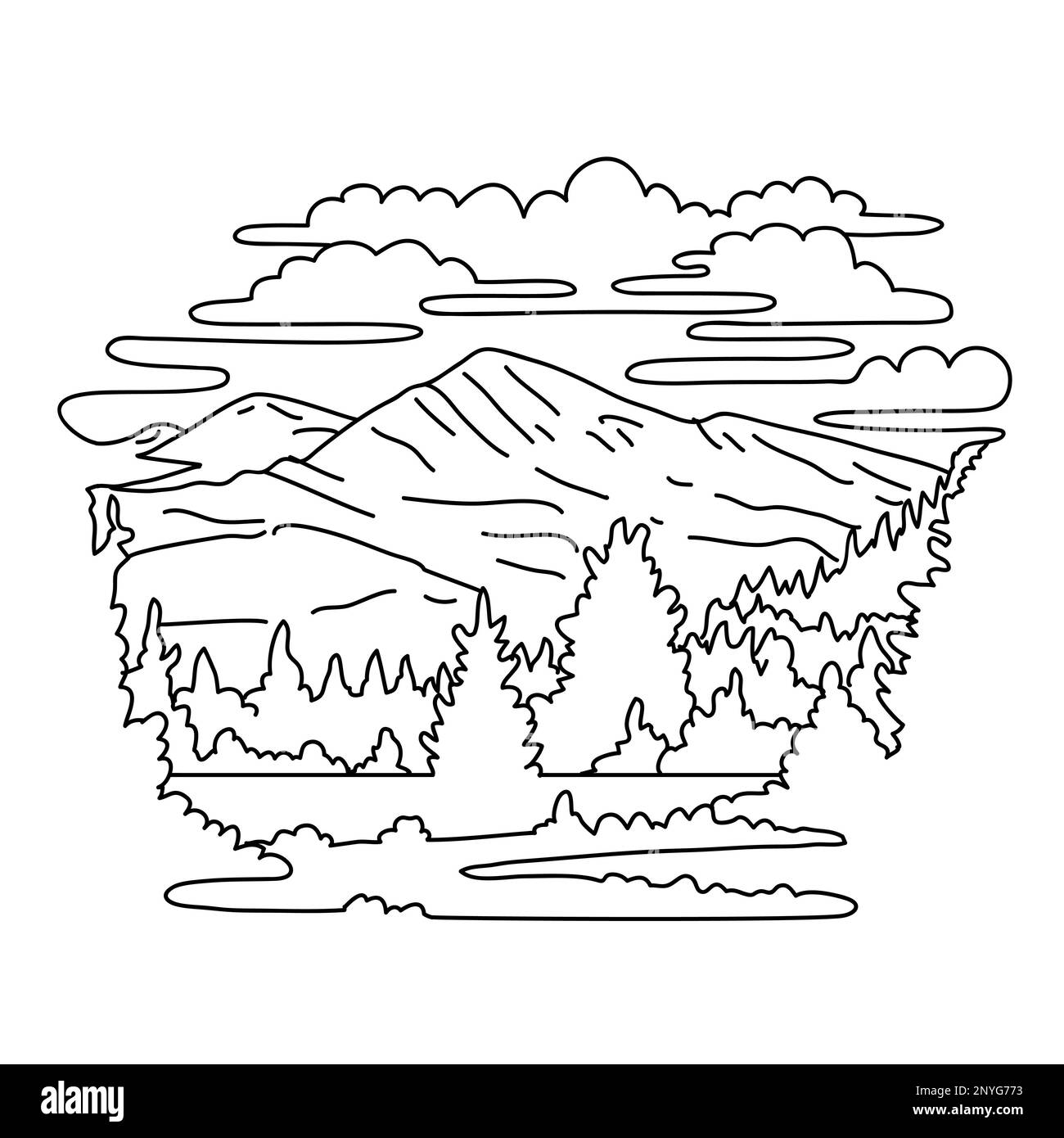 Mono-Linien-Darstellung des Mount Dana im Yosemite-Nationalpark und Ansel Adams Wildernessv mit einzeiliger Linienzeichnung. Stockfoto